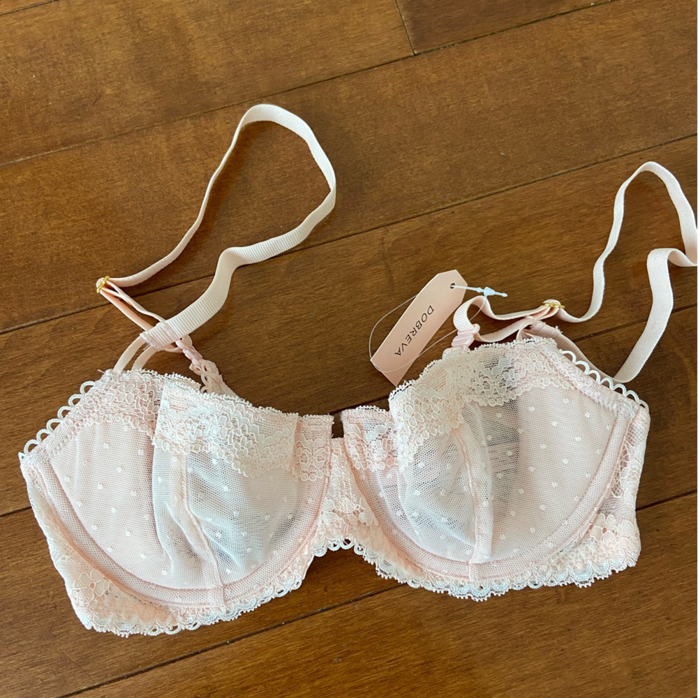 Dobreva Bra Bralette Lace Trim Polka Dot Pink See Through Peachy Keen Size 32B